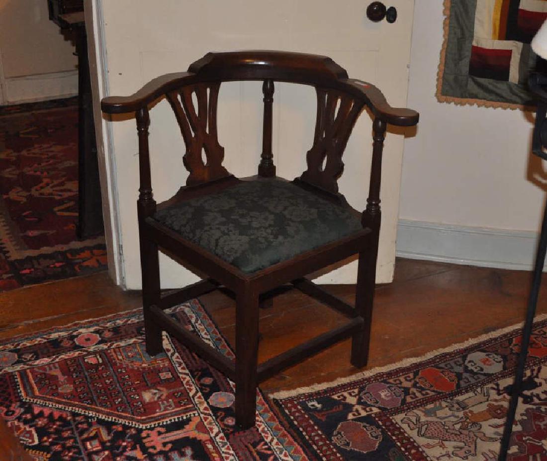 Chippendale Style Mahogany Corner Chair: finish wear, loss. 32" high, 30" wide, 25" deep. Provenance: Property of a New York State Private Collector.