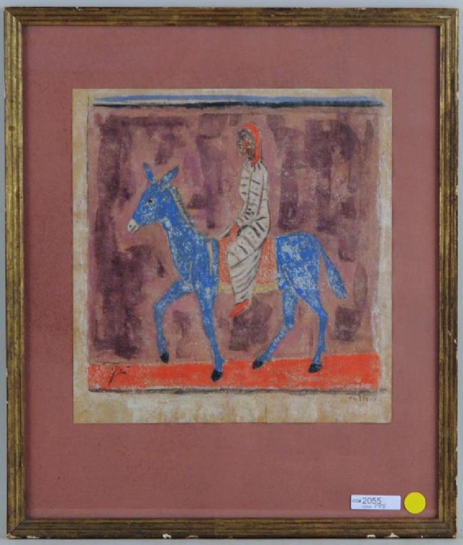 Mario Toppi "Man Astride Donkey" Mixed Media/Paper: signed. (Italian, B. 1899). Framed, not examined out of frame. Border tear lower center. 18 3/4" high, 16" wide.