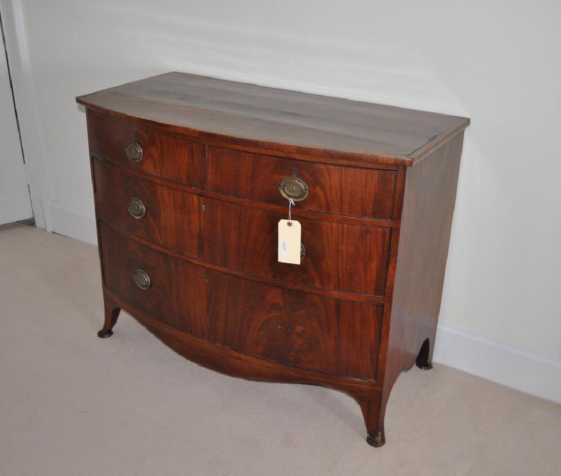 English Hepplewhite Chest: in estate condition with veneer losses, shrinkage cracks, repairs. 34" high, 43 1/2" wide, 19 1/2" deep.