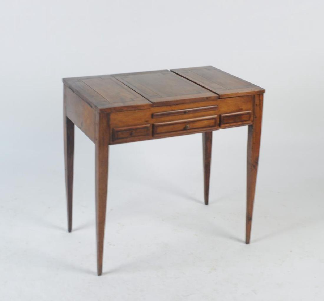 French Provincial Fruitwood Poudreuse: the top with two fold-out compartments and a lift-up mirror. Estate condition, loose joints, finish wear, loss, stains, age cracks. 28 1/2" high, 28 3/4" wide, 18 3/4" deep.