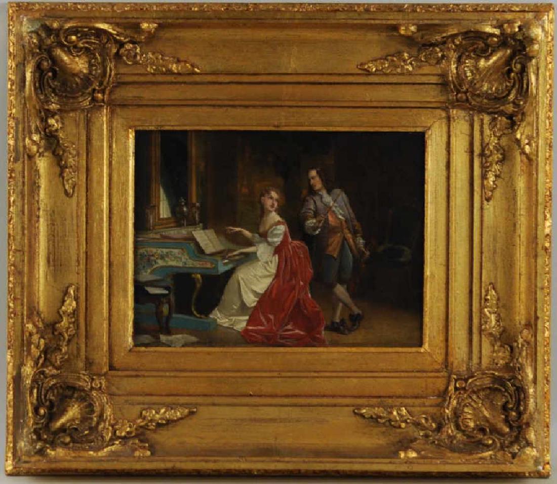 Florent Willems "Couple By Piano" O/P: (Belgian, 1823-1905), signed. 17 3/4" high, 20 3/4" wide. Losses to frame. Provenance: Property of a Morris County, NJ Estate.