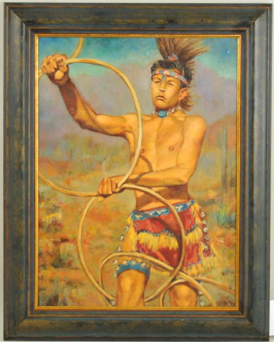 Southwestern School O/C of Hoop Dancer: signed indistinctly. A few small losses in background at top. 29" high, 23" wide.
