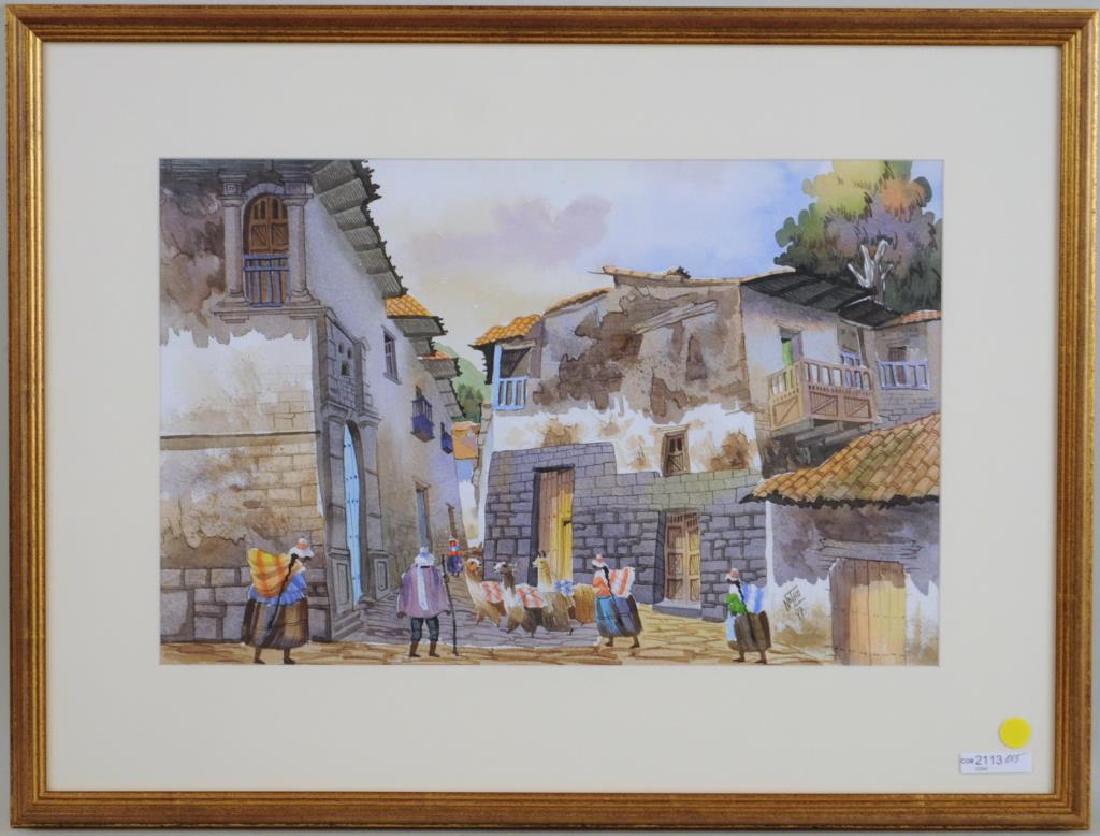 Notho, "Women & Llama In Town" Watercolor, 20th C (1 of 4)