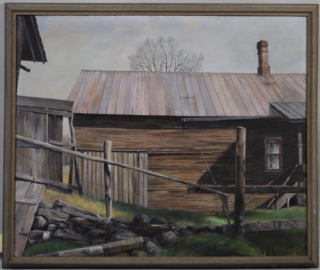 Ian Thomson, Painting Of Barn: (American, 20th century), oil on masonite, signed lower right, punch, partial break to masonite 1 1/2" long, 1" wide where upper fence boards intersect. A few small edge losses. 35 1/2" high, 43" wide