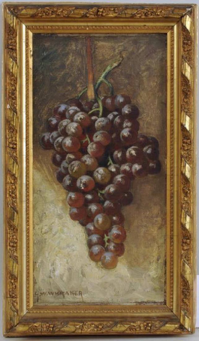 George W. Whitaker, O/B Still Life of Grapes: (American, 1841-1916), signed. Light soiling, small losses and a few light pencil? marks lower left corner. 19" high, 11" wide.