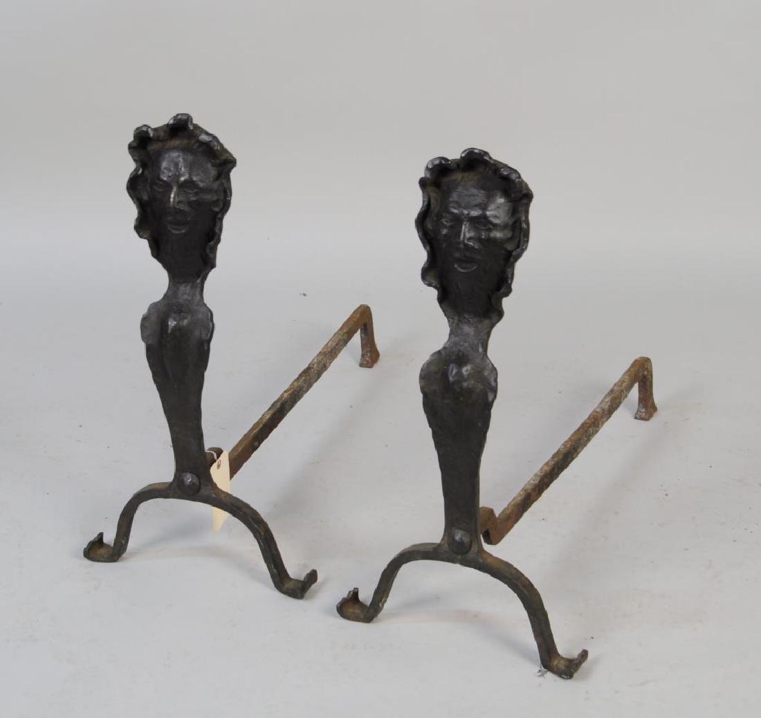 Pair Large Wrought Iron Figural Andirons (1 of 9)
