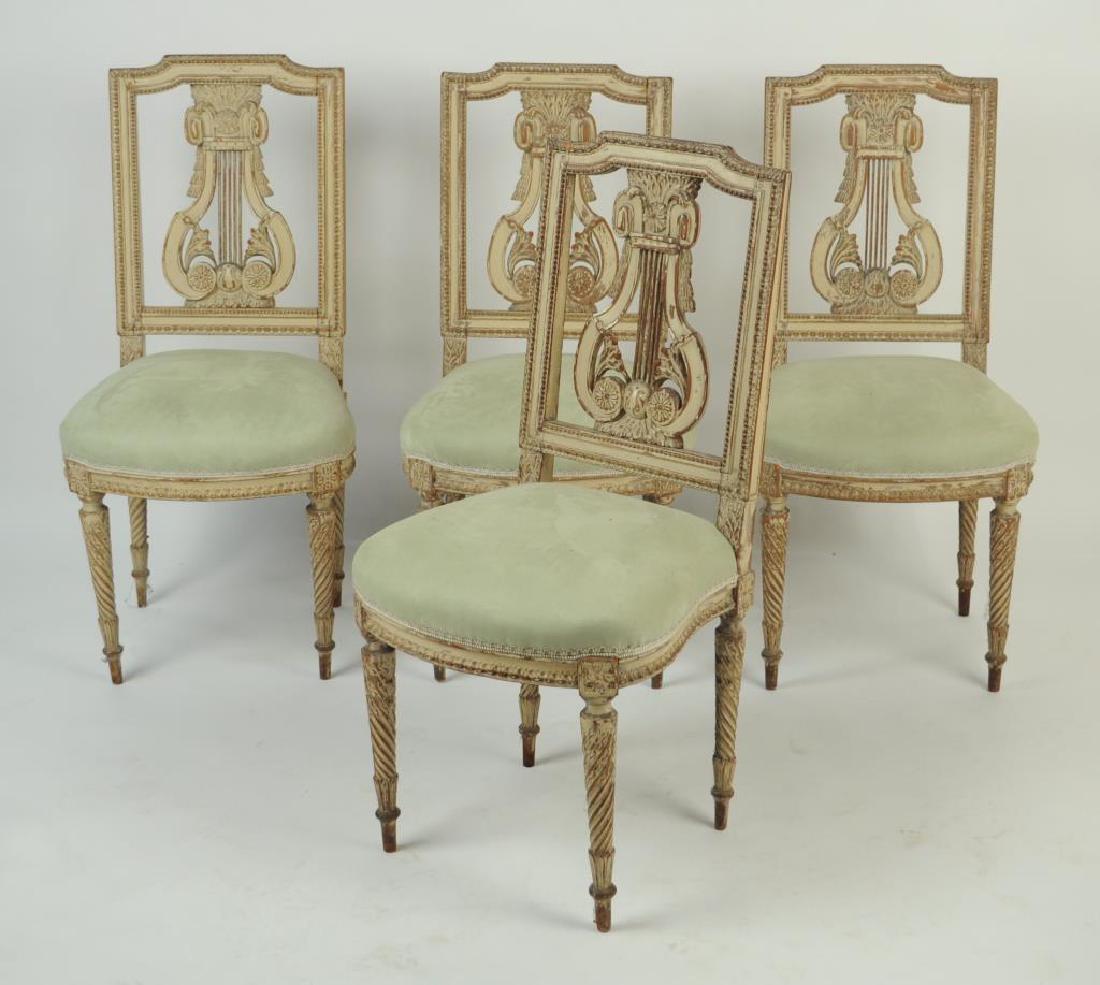 Set Four Louis XVI Painted Side Chairs: upholstered in green suede. Paint wear, loss, age cracks, repairs, small losses, a few light small stains to seats. 36" high, 18" wide, 17" deep.