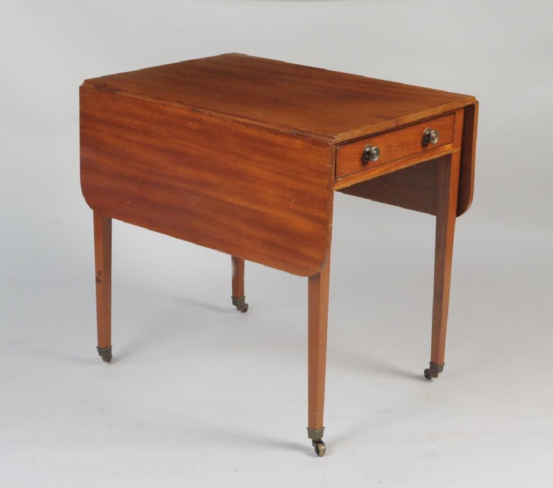 George III Mahogany Pembroke Table: with rectangular drop leaves. Expected age and use wear, some scratches to top. 27" high, 28" wide, 20 1/2" deep. Open: 41 3/4" deep. Provenance: Estate of Eloise Hackworth, Buffalo, NY.