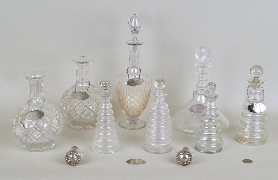 Group Eight Clear Glass Decanters, 6 Silver Labels (1 of 11)