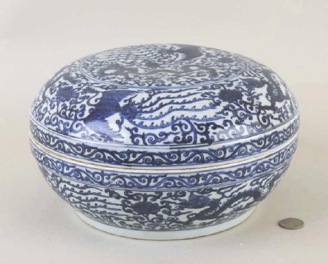 Large Chinese Porcelain B/W Dragon Circular Box (1 of 6)