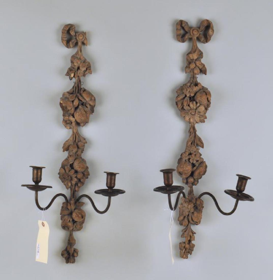Pair Continental Carved Wood Two Arm Wall Sconces (1 of 9)