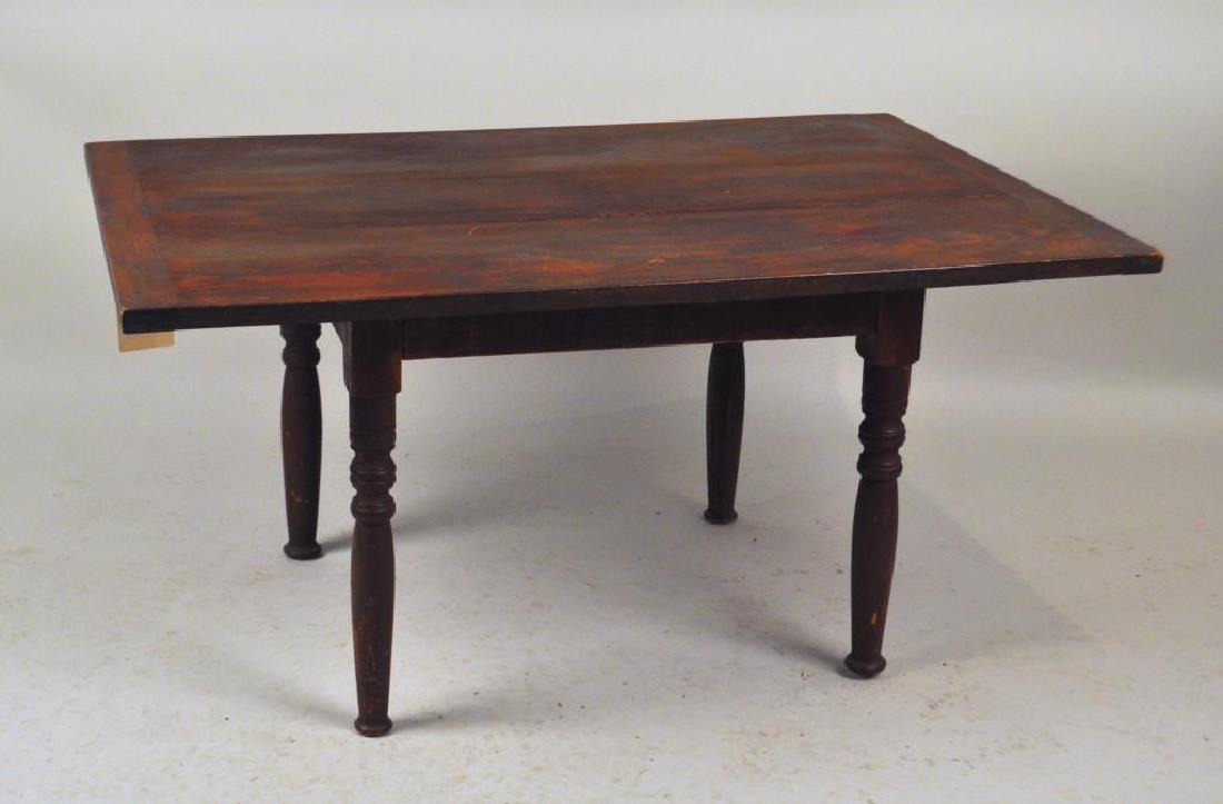 American Country Painted Tap Table As A Low Table: with plank top on a turned leg base. Alterations, expected wear. 19" high, 40" wide, 27 1/2" deep. Provenance: Property from a Woodbury, CT Estate.