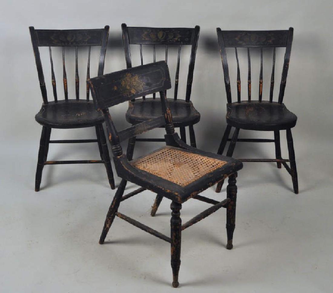 Assembled Group Four Hitchcock Side Chairs: one with caned seat. 33" high, 18" wide, 15 1/2" deep. Provenance: Property from a Woodbury, CT Estate.
