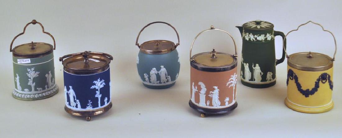 Group Five Adams Jasperware Biscuit Jars: and a jug, most with figural scenes in relief. Soiling, plate wear, loss; one with repairs to two ball feet, one with three chips; small edge, rim nicks to collars and lids, a few small surface imperf