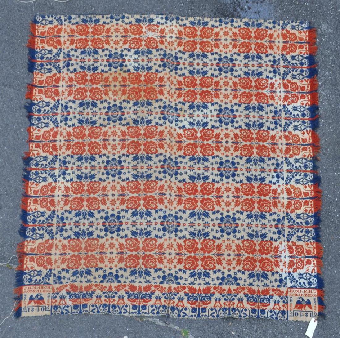 American Country Woven Coverlet, 1840: in red, white and blue, signed "J.H. March & Co. Salona, Clinton Co PS 1840". Losses, stains, fading. 81 1/2" long, 75" wide. Provenance: Property of a New Haven County, CT Estate.