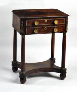 Bronze Mounted Classical Rosewood Work Table: attributed to the workshop of Duncan Phyfe, circa 1815-20, the top with figured veneer and canted corners, applied bronze beaded detail throughout, the conforming two drawer base with original neoclas