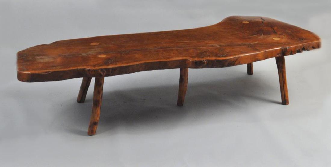 Nakashima Style Freeform Natural Edge Coffee Table: Nakashima Style Freeform Natural Edge Coffee Table on five branch legs, four being dowel wedged through the top. Finish wear, loss, a few scratches, age cracks to legs and top, probably original voids