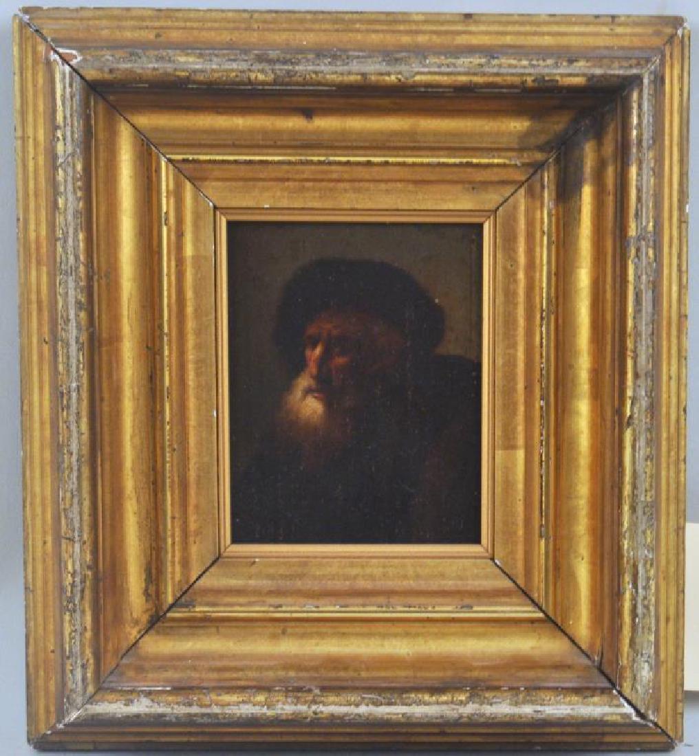 Small Old Master Style O/C Cameo Portrait: Small Old Master Style O/C Cameo Portrait depicting an aged man in a fur hat, framed, not examined out of frame, 17th-18th century. Frame size: 10" high, 9" wide. Provenance: Property of a Farmington,