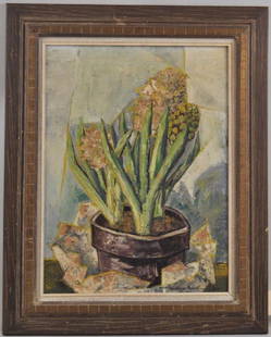 Woldemar Neufeld, O/C Floral Still Life: Woldemar Neufeld, O/C Floral Still Life (Connecticut, 1909-2002), depicting a pot of hyacinths, signed, dated "1959." Small areas of crazing; losses. Frame size: 31 1/2 " high, 25 1/2" wide.