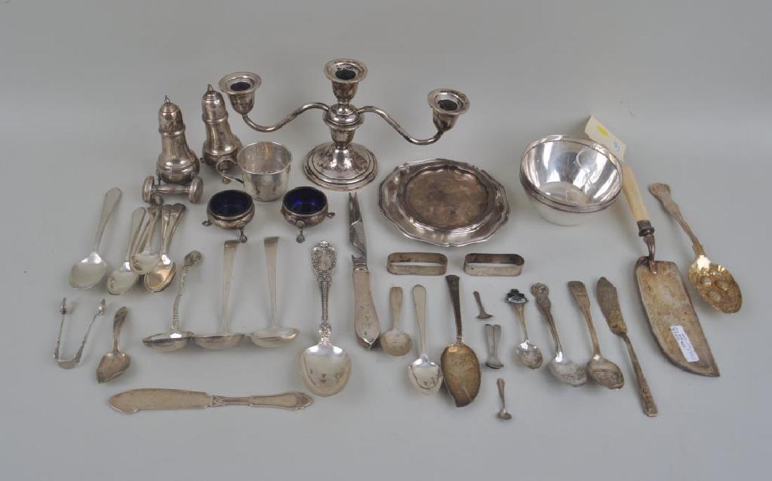 Group Mostly Sterling Tableware: Group Mostly Sterling Tableware the sterling comprising a Gorham serving spoon, three ladles, two by S. Kirk & Son, eight teaspoons plus one in the "Treasure" pattern, pair B&M salts and S&P, four sal