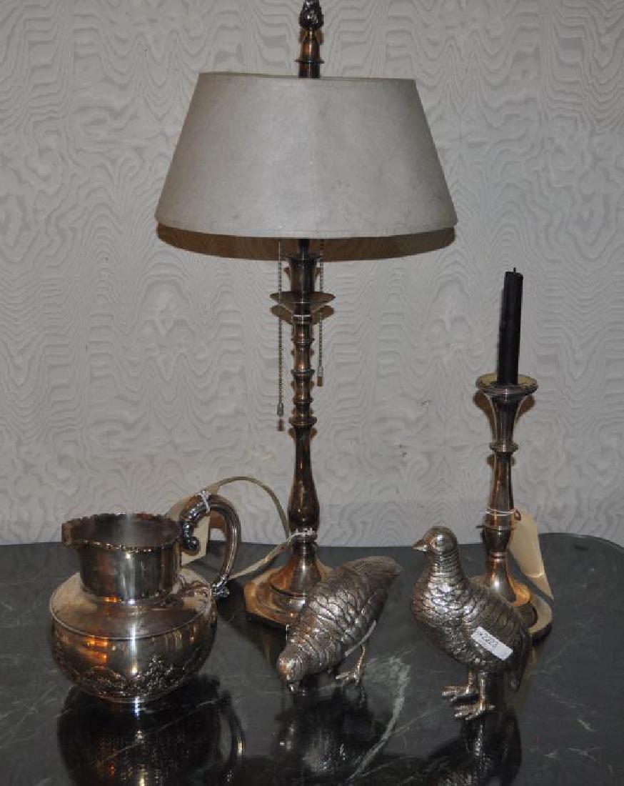 Estate Group Five Old Sheffield Items: Estate Group Five Old Sheffield Items comprising two candlesticks, one converted to lamp, two bird figures, and a water pitcher. Age and use wear, oxidation. Largest: 26" high, 5 1/2" wide, 5 1/2" dee