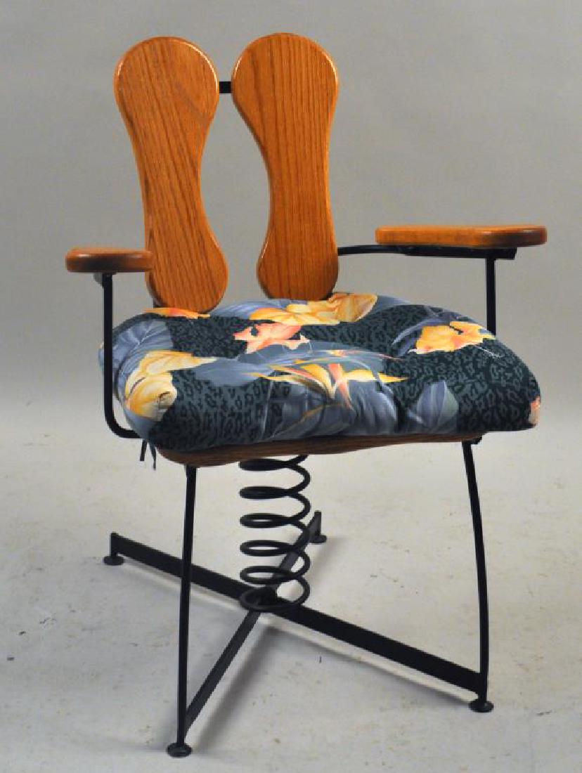 Whitmore Boogaerts Kinetic Oak/Wrought Iron Chair: Whitmore Boogaerts Kinetic Oak/Wrought Iron Chair initialed, dated on back splat "WB 99". Age crack to one back splat. 34 1/2" high, 27" wide, 16" deep. Provenance: Property of a New Haven County, CT 