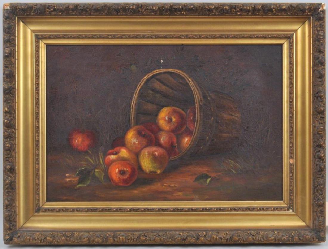 Folk Art O/C Still Life of Apples In Basket: Folk Art O/C Still Life of Apples In Basket signed indistinctly, dated lower right "AE Gras? 1891". Crazing, alligatoring, a few small losses above basket, in lower left corner. Frame size: 23 1/2" hi