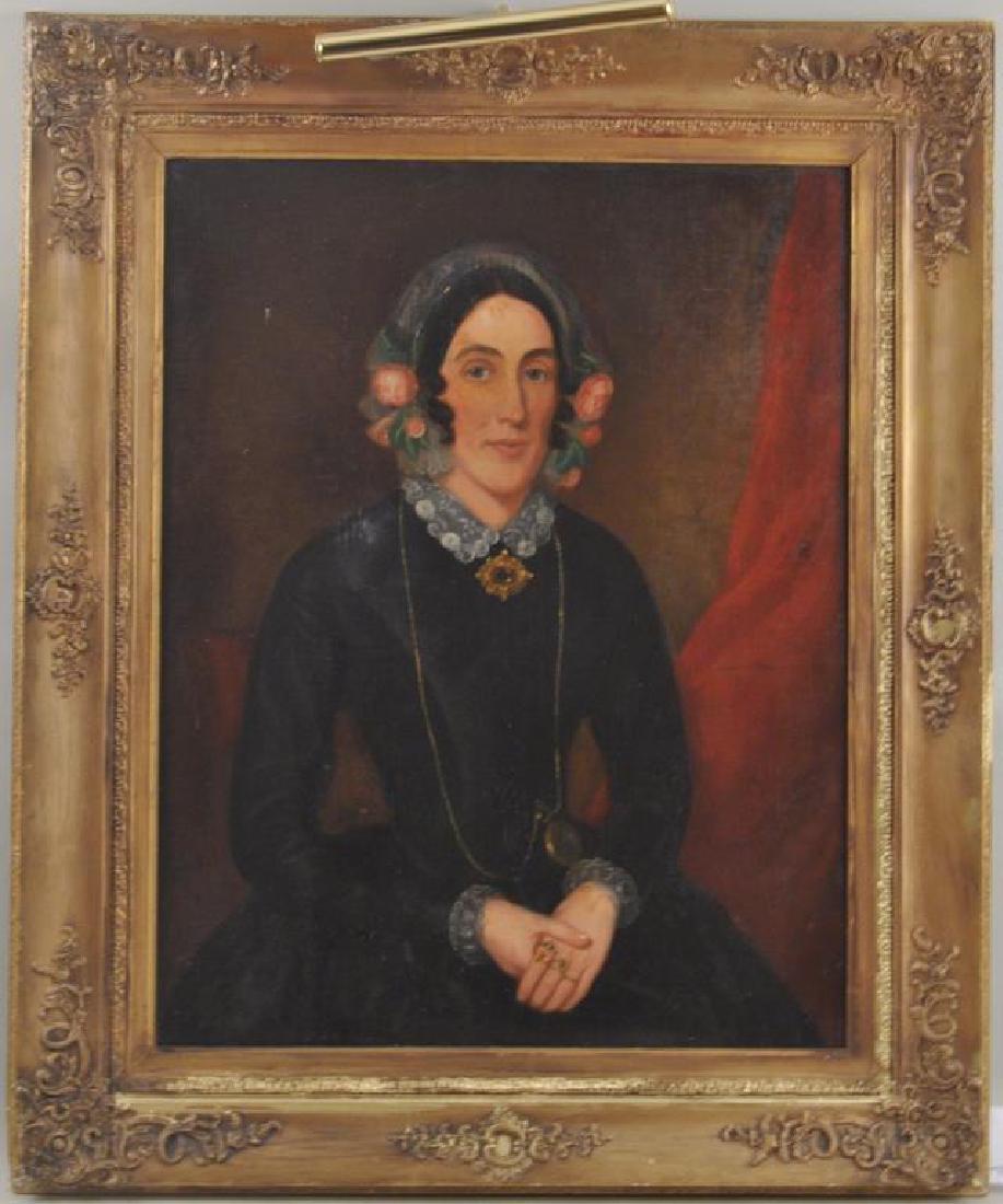 American Folk Art Portrait of Lady In Flowered Cap: American Folk Art Portrait of Lady In Flowered Cap O/C, unsigned. A few small losses, relined, restoration. Frame size: 47 1/4" high, 39" wide. Provenance: Property of a Woodbury, CT Collector.