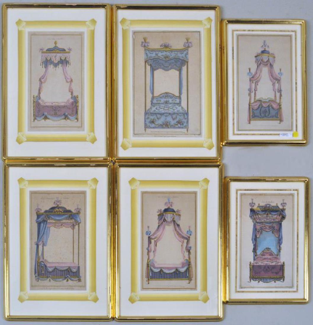 Set Six French Prints of Antique Beds/Hangings: Set Six French Prints of Antique Beds/Hangings in gilt frames under glass, not examined out of frames. Largest frame size: 16" high, 11 1/2" wide. Provenance: Property of a Farmington, Connecticut Est