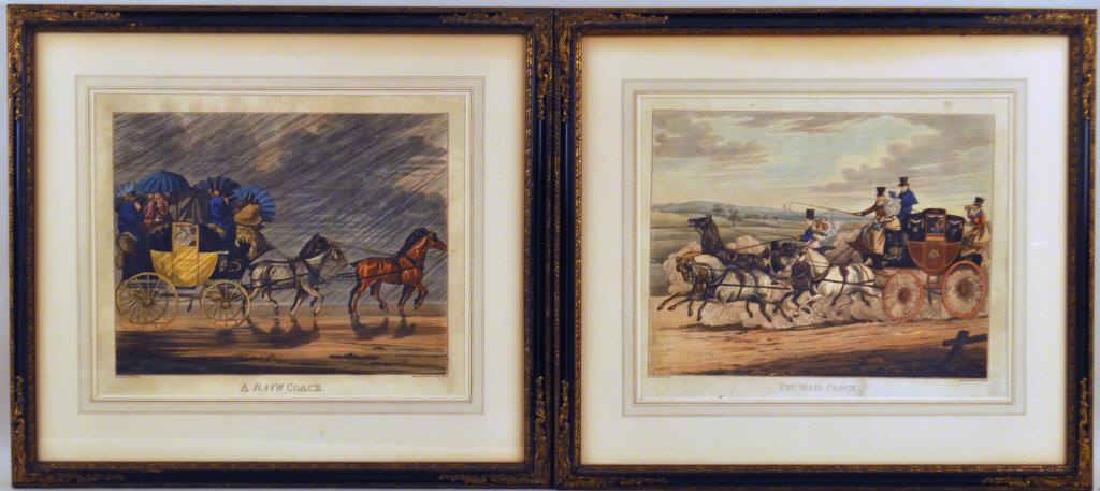 Pair English Hand Colored Coaching Engravings: Pair English Hand Colored Coaching Engravings comprising "A Bath Coach" and "The Mail Coach", framed, not examined out of frames. Toning, foxing. Frame size: 20" high, 22 1/2" wide. Provenance: Proper