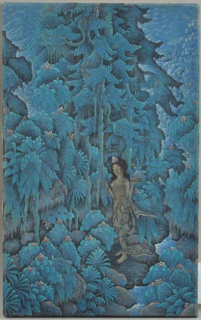 Southeast Asian School O/C of Woman in Jungle: Southeast Asian School O/C of Woman in Jungle signed indistinctly. Stretcher size: 22 1/2" high, 14" wide. Provenance: Property of a Florida Estate.