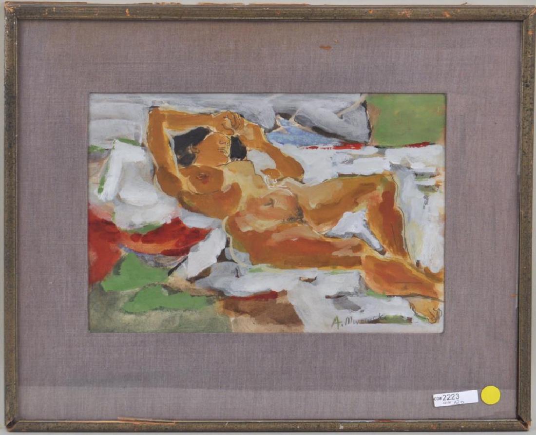 A. Minewski, W/P Reclining Female Nude: A. Minewski, W/P Reclining Female Nude Alexander Minewski (American, 1917-1979) modernist abstract work. Paper fold lower right corner. Frame size: 17" high, 21" wide. Provenance: Property of a Farmin