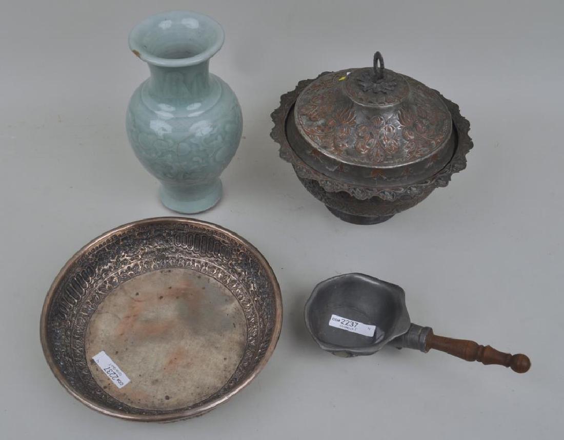Estate Group of Asian and Near Eastern Wares: Estate Group of Asian and Near Eastern Wares including a Chinese Longquan celadon vase and a Buddhist repousse shallow bowl, four pieces. The vase with substantial repairs to the body, the remainder w