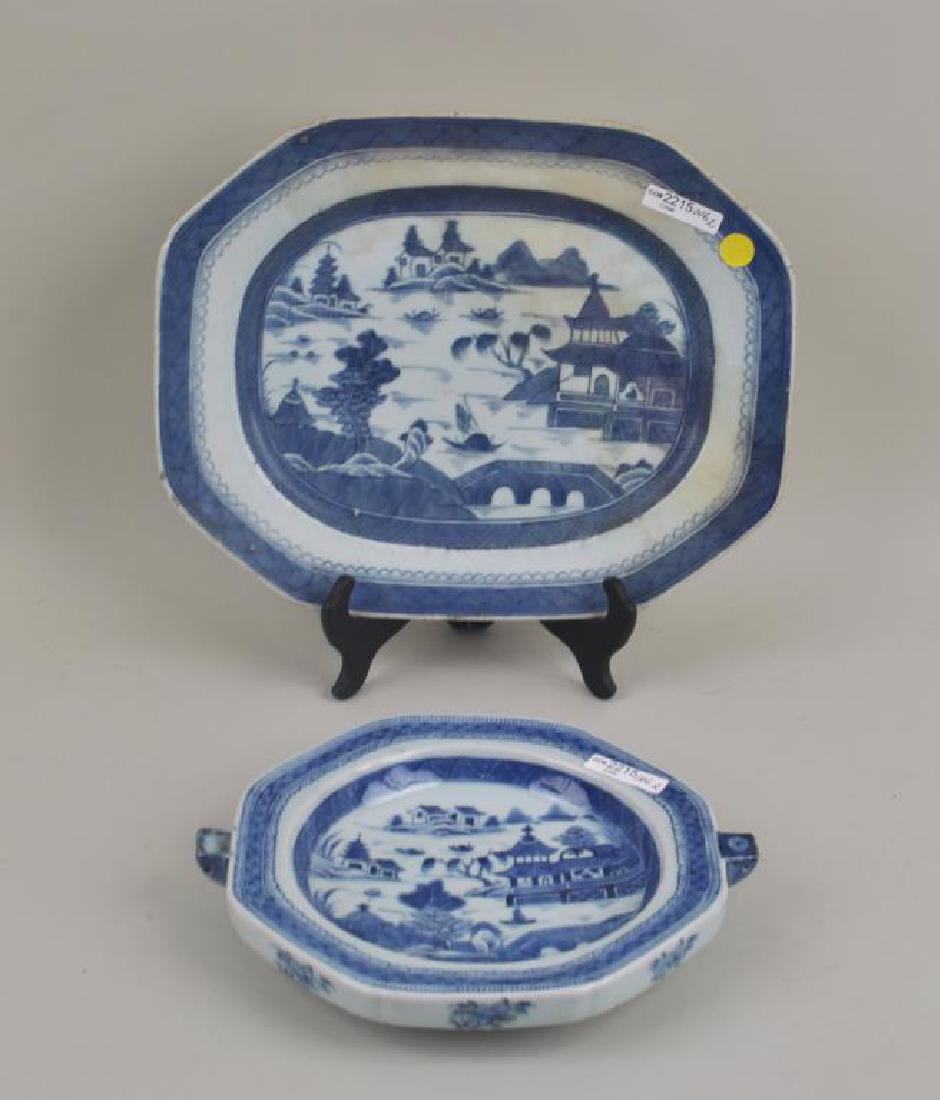 Canton B/W Platter & Warming Dish: Canton B/W Platter & Warming Dish with soiling, edge wear, glaze wear, loss. Largest: 11 1/4" high, 14" wide. Provenance: Property of a Warren, CT Estate.