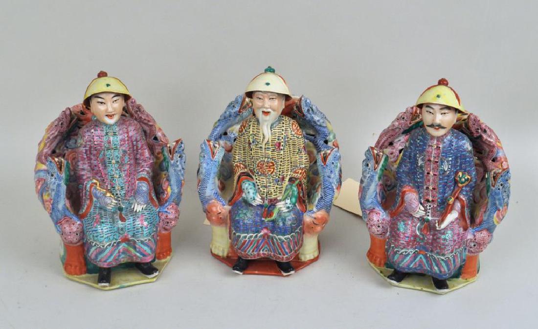 Group Three Chinese Enameled Court Figures: Group Three Chinese Enameled Court Figures on dragon form thrones stamped "China". 9 1/2" high, 6 1/2" wide.