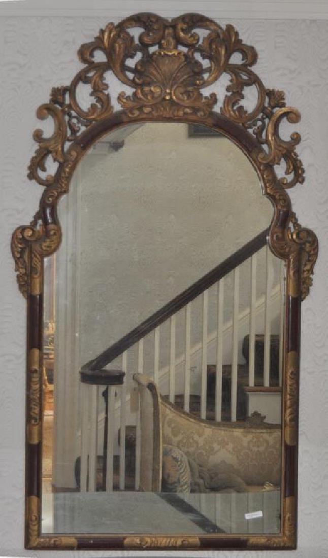 Queen Anne Style Decorated Rococo Mirror: Queen Anne Style Decorated Rococo Mirror with paint and gilt decoration, old repairs, 57" high, 32" wide. Provenance: Property of a Farmington, Connecticut Estate.