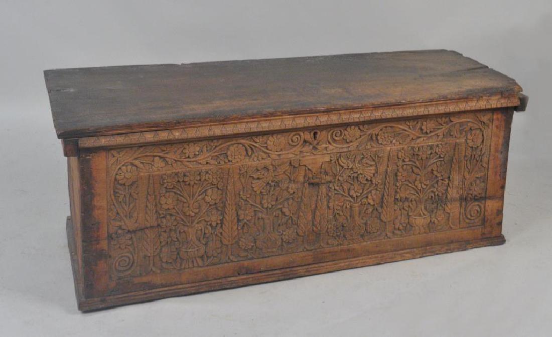 Cypriot Carved Walnut & Cedar Dowry Chest: Cypriot Carved Walnut & Cedar Dowry Chest the front profusely carved with birds, vases issuing flowers and cypress trees within a flowering vine border. The inside of the lid dated 1753. Considerable