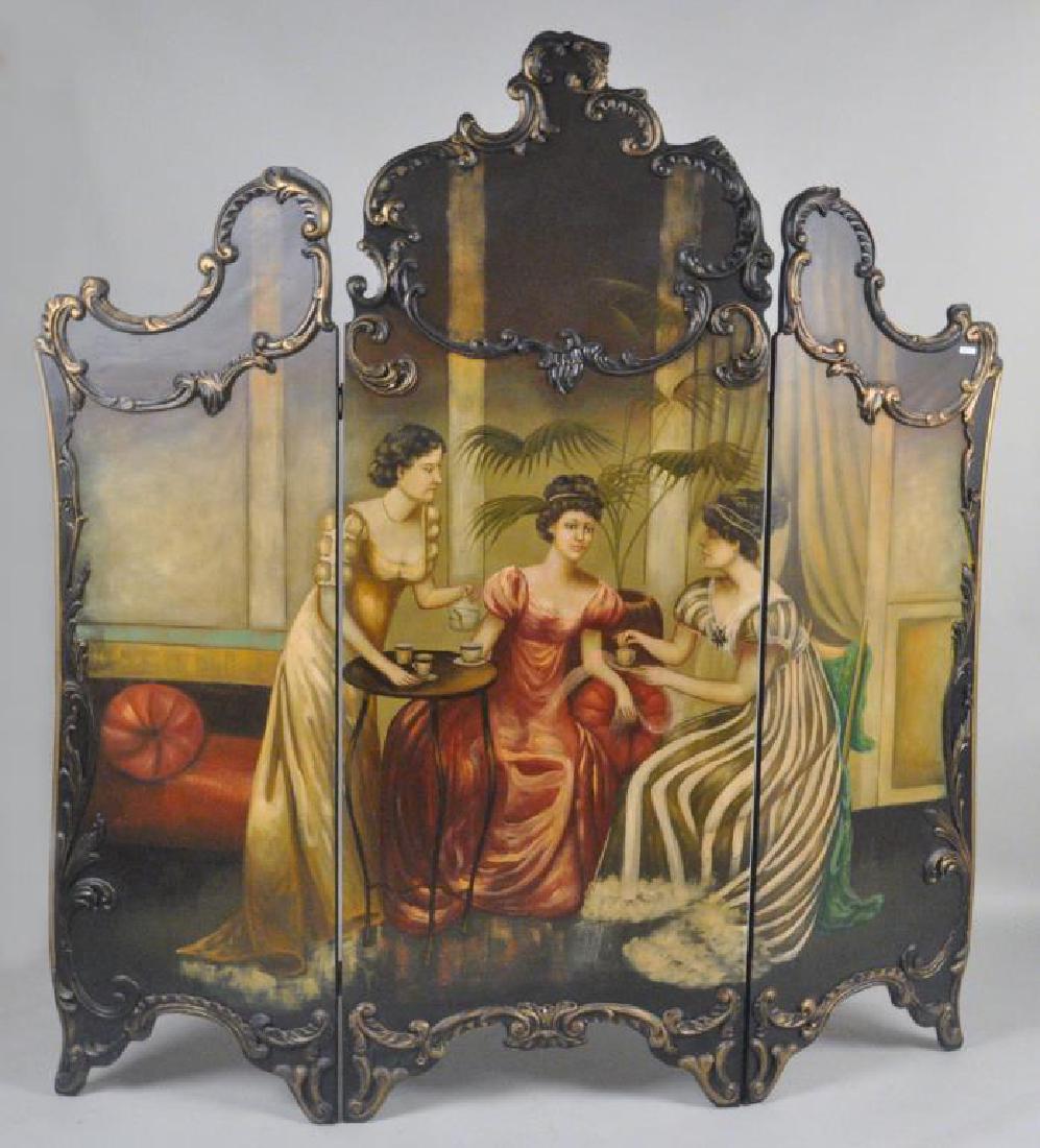Rococo Revival Style Painted Tri-Fold Screen: Rococo Revival Style Painted Tri-Fold Screen with painted scene of three ladies in a court scene, 20th century. 82 1/2" high, 79" wide, 1" deep. Provenance: Property of a Woodbury, CT Collector.