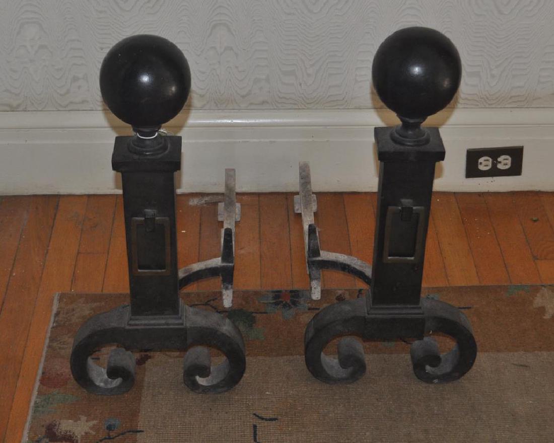 Pair Arts & Crafts Wrought Iron Ball Top Andirons: Pair Arts & Crafts Wrought Iron Ball Top Andirons 25" high, 12" wide, 23" deep. Property of a Farmington, Connecticut Estate.