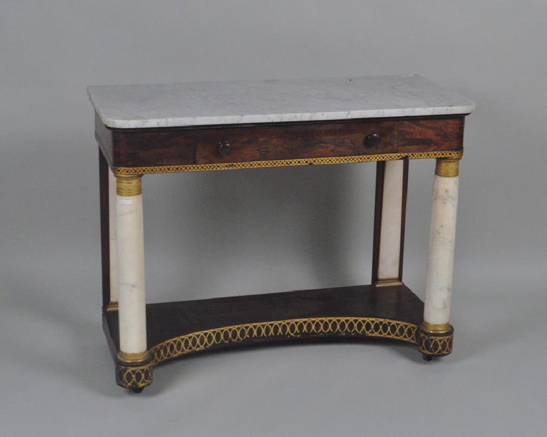 NY Classical Stencilled Mahogany M/T Pier Table: NY Classical Stencilled Mahogany M/T Pier Table marble top and support columns flanking one drawer over shaped base with painted gilt stencil detail. Back left marble "column" with horizontal crack, s