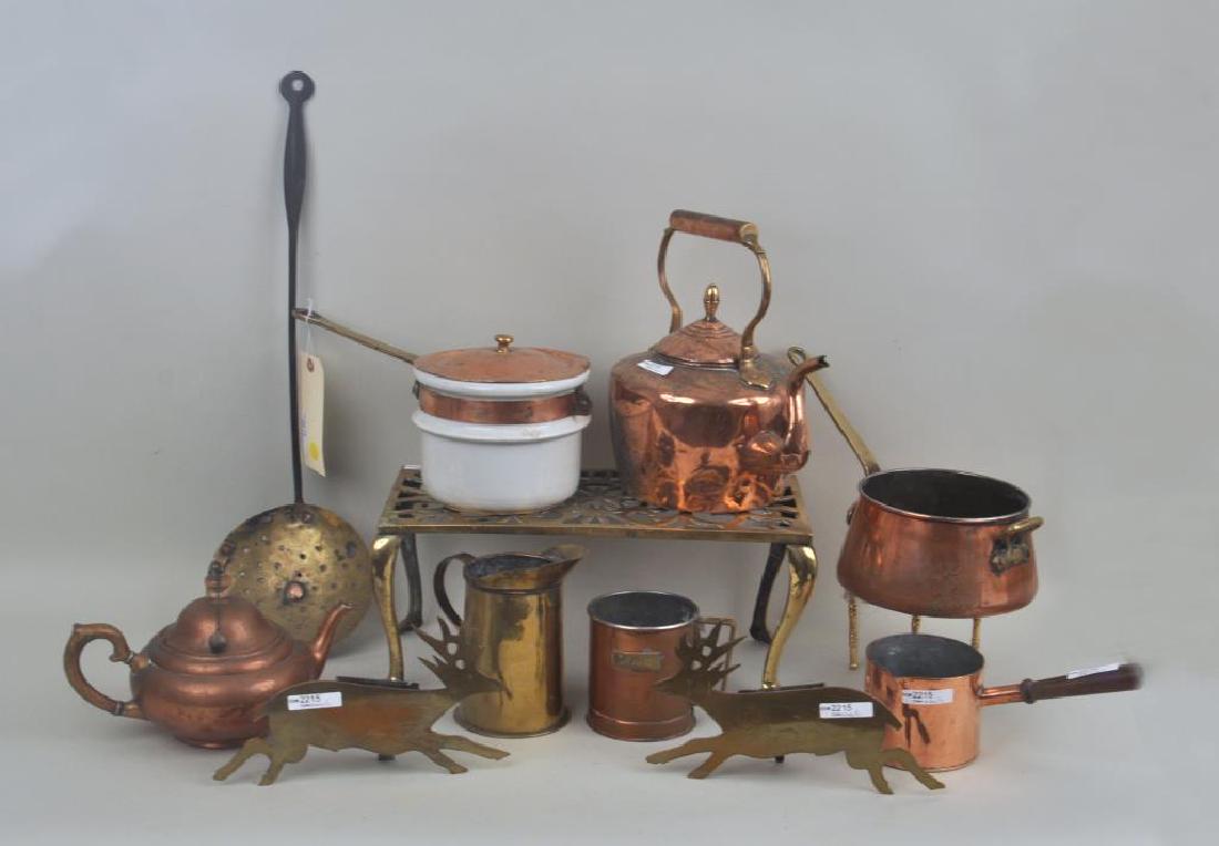 Group of Eleven Copper & Brass Kitchen Items: Group of Eleven Copper & Brass Kitchen Items comprising a brass footman, trivet, strainer, pitcher and pair stag form containers, two copper teapots, double boiler, sauce pot and mug. Use wear, dents,