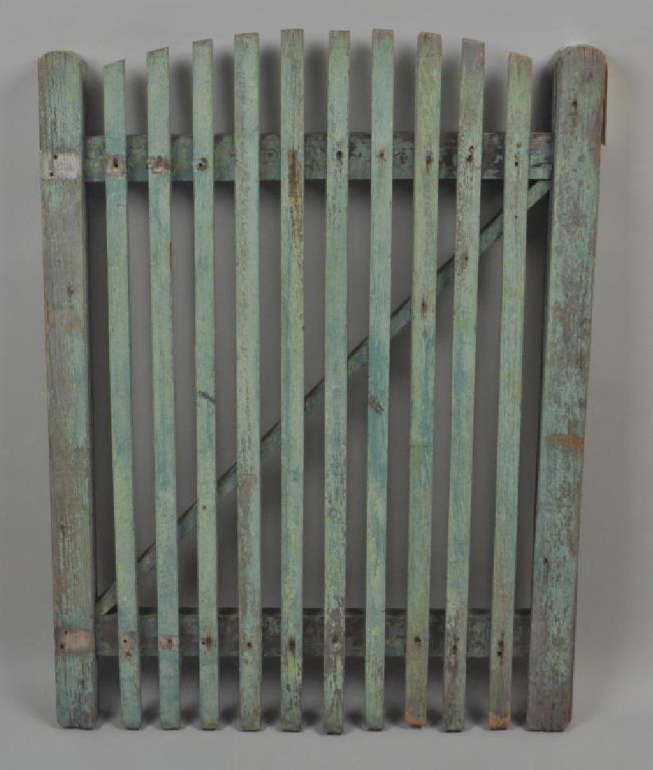 Period Mortised Green Painted Garden Gate: Period Mortised Green Painted Garden Gate with wear from exposure to elements, losses, age cracks. 44" high, 32 1/2" wide, 2 1/2" deep.