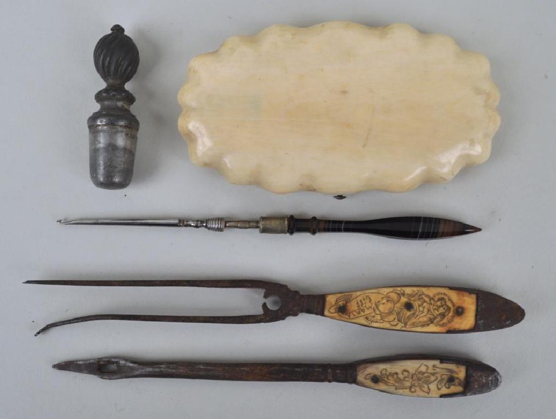 Early Continental Cased Sewing Kit & Four Tools: including one agate handled hook and two with engraved bone handles. Soiling, rust, stains, bends to one tool end, case lacking needle. Largest: 2 1/2" high, 4 1/2" wide. International clients may be 