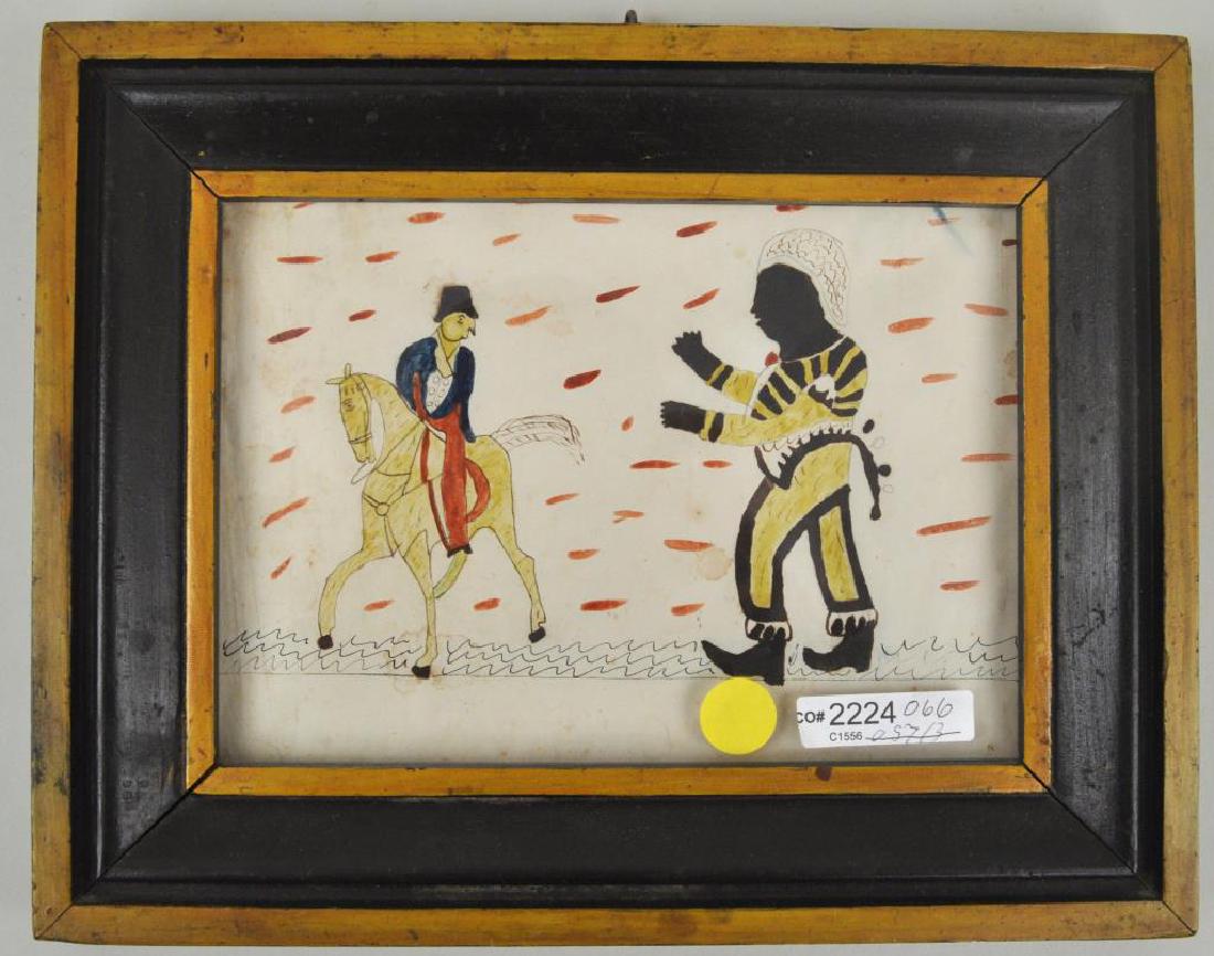 Folk Art W/C Rider & Zouave Soldier: framed, not examined out of frame. Stains. Frame size: 8 3/4" high, 11" wide. Provenance: Property of a New Haven County, CT Estate.