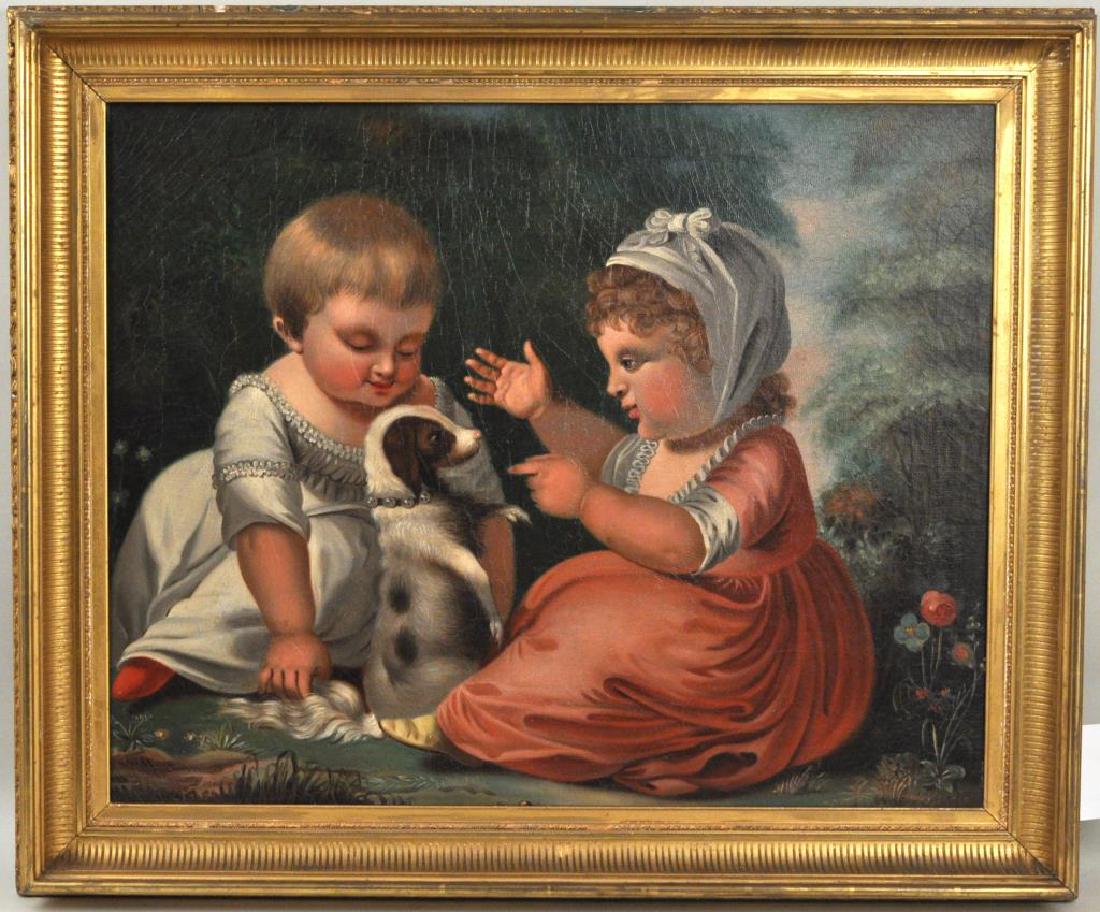 Folk Art O/P Portrait of Two Children with Dog (1 of 6)