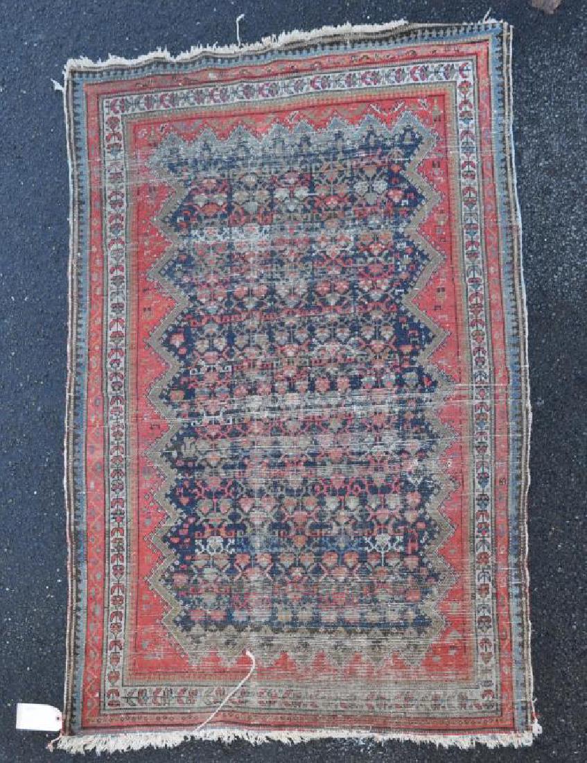 Oriental Rug: extensive pile wear, loss, end, side losses. 72 1/2" long, 47" wide. All rugs sold as is. Provenance: Property of a New Haven County, CT Estate.
