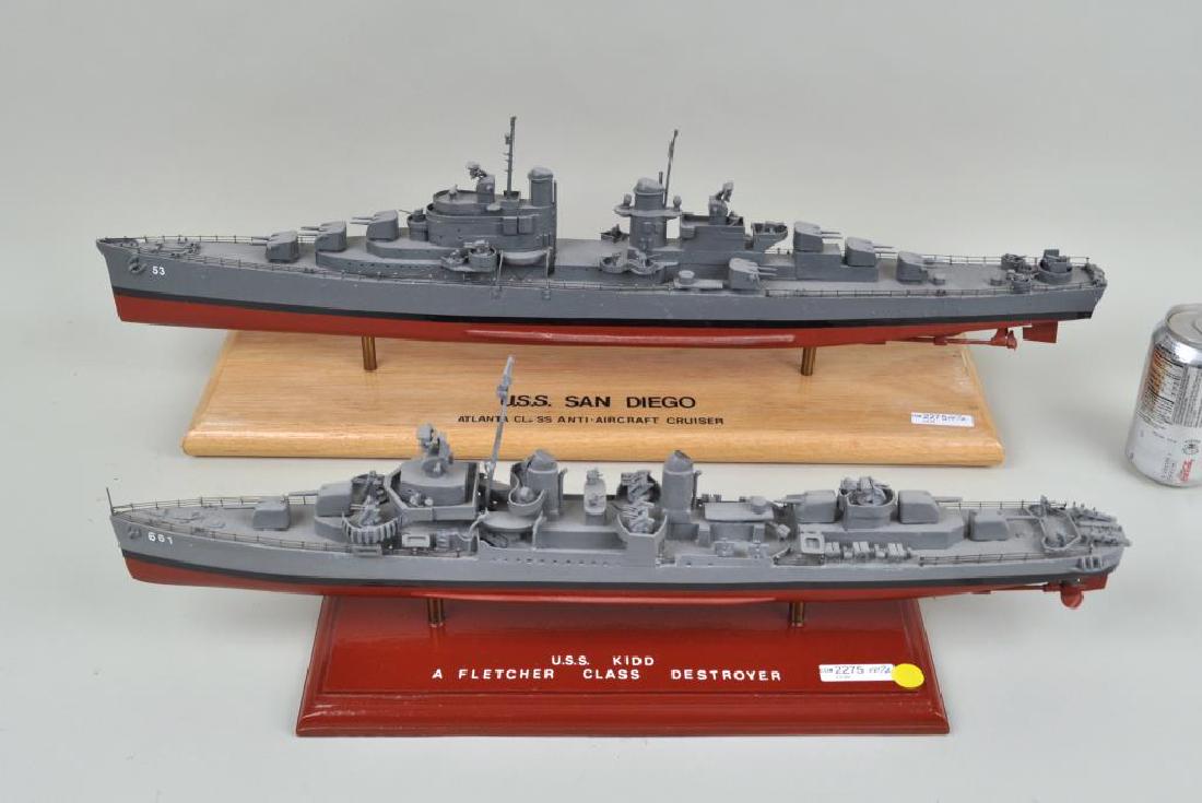 Folk Art USS Kid, USS San Diego Ship Models: carved by Harold Levy, Southbury, CT. Mr. Levy began making ship models when he moved to Heritage Village. He built the models with no kits or plans and many of them were sailed at the Heritage Villag