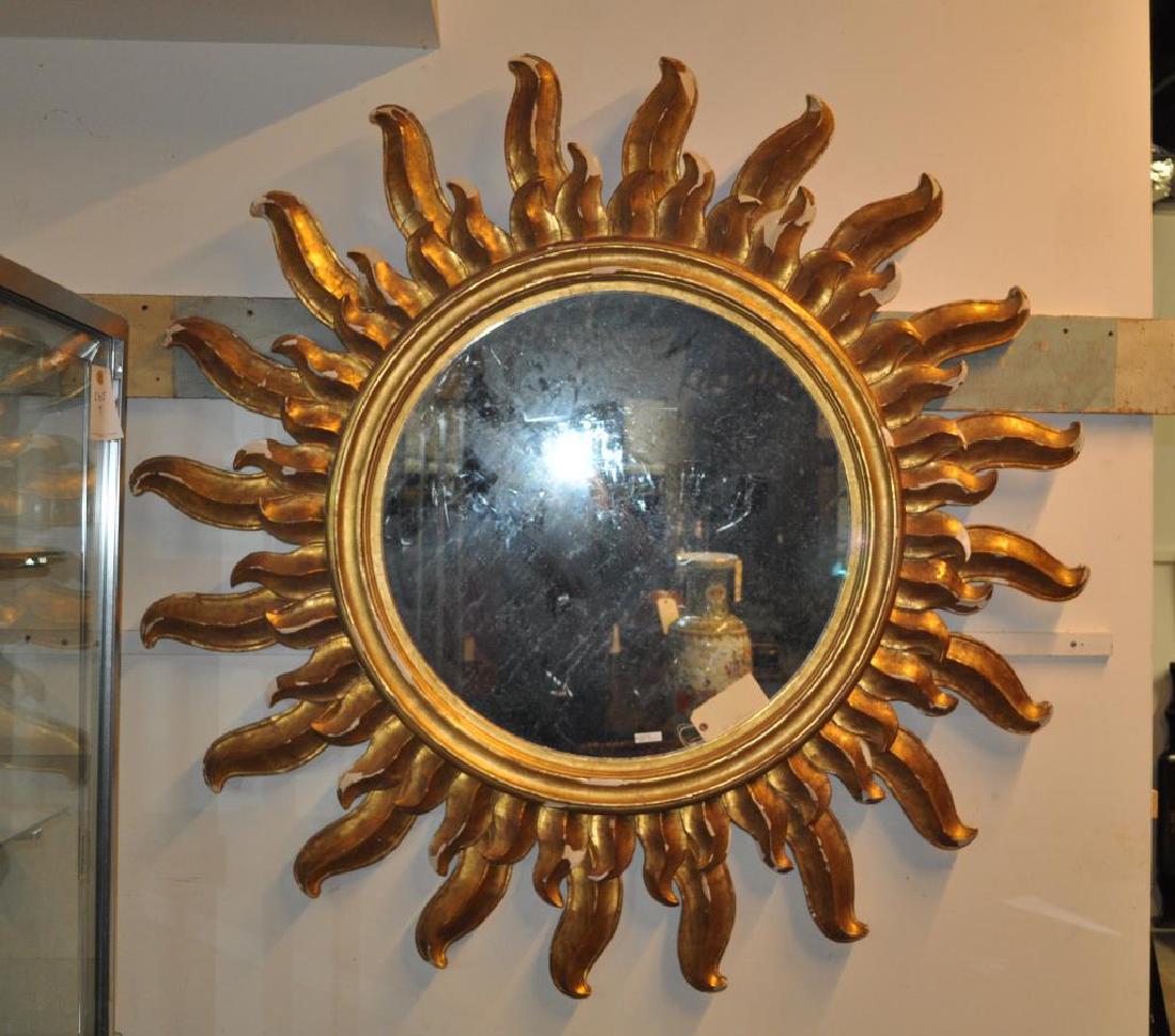 Fabulous Designer Sunburst Gilt Mirror: with old gilt losses, flaking and repairs. 60" diameter.