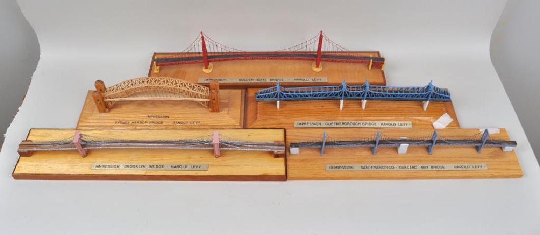 Group of Five Folk Art Carved Wood Bridges: by Harold Levy, Southbury, CT. Mr. Levy began making ship models when he moved to Heritage Village. He built the models with no kits or plans and many of them were sailed at the Heritage Village Regat