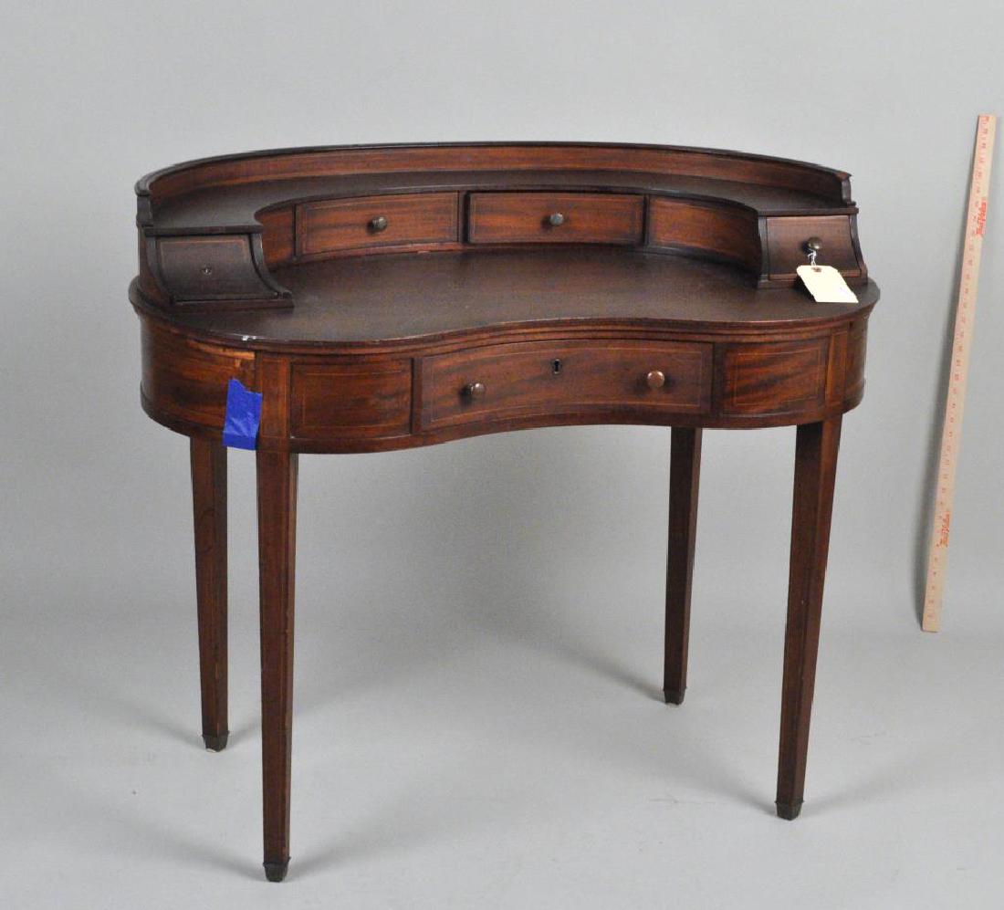 George III Style Inlaid Mahogany Carleton Desk: with finish wear, loss, one knob detached but present, small losses. 36" high, 41" wide, 24 1/2" deep.